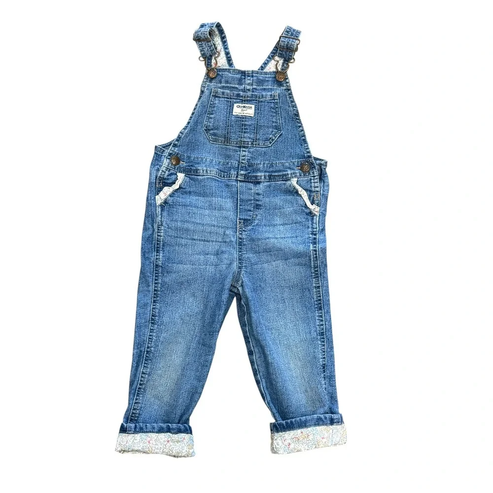 OshKosh Bgosh Kids Floral Trim Denim‎ Bib Overalls Medium Wash Blue
